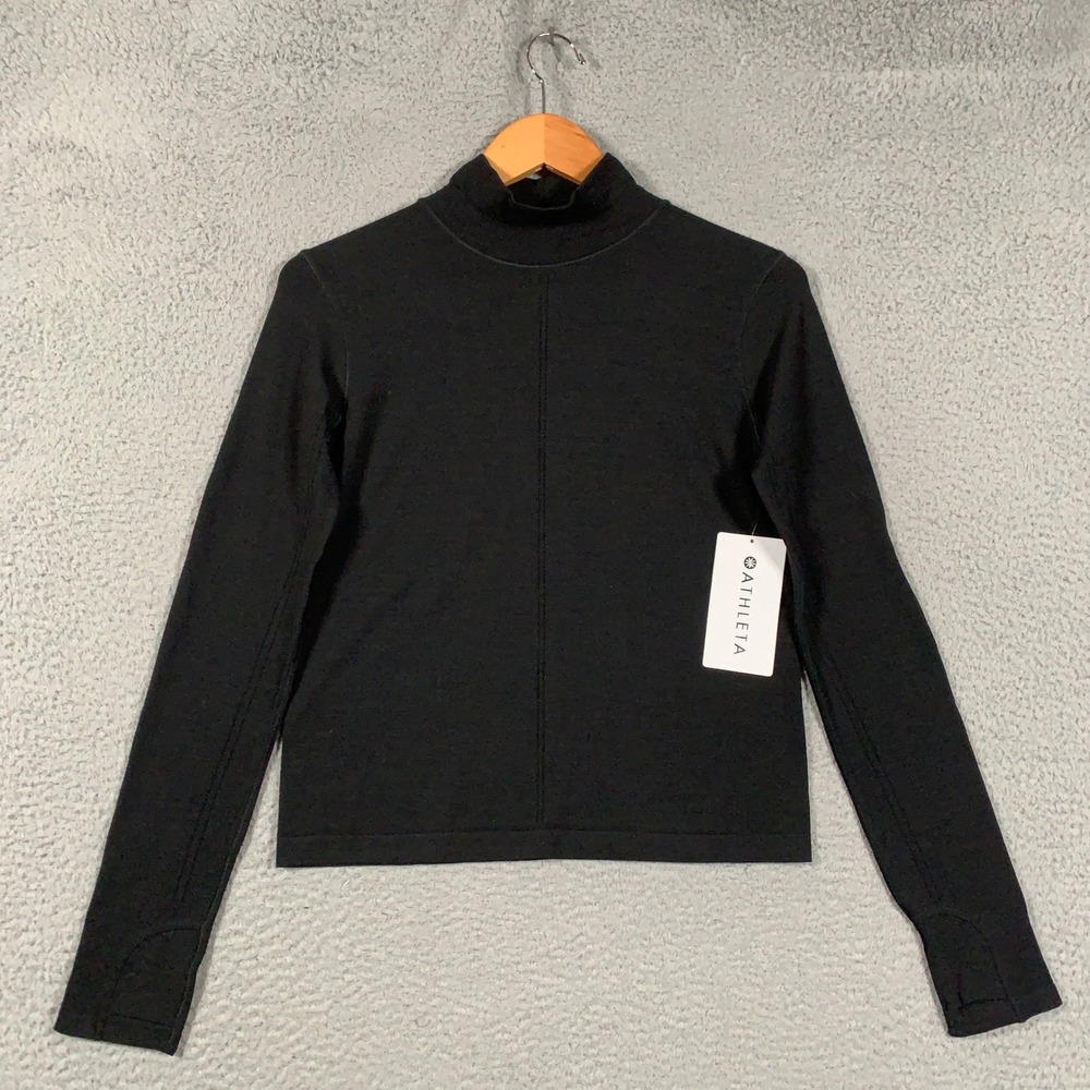 Athleta Ascent Seamless Turtleneck Top Womens Medium Black Mock Wool Thumbholes